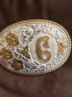 Monogrammed Silver & Gold Floral Belt Buckle - Letter C  brand Crumrine.